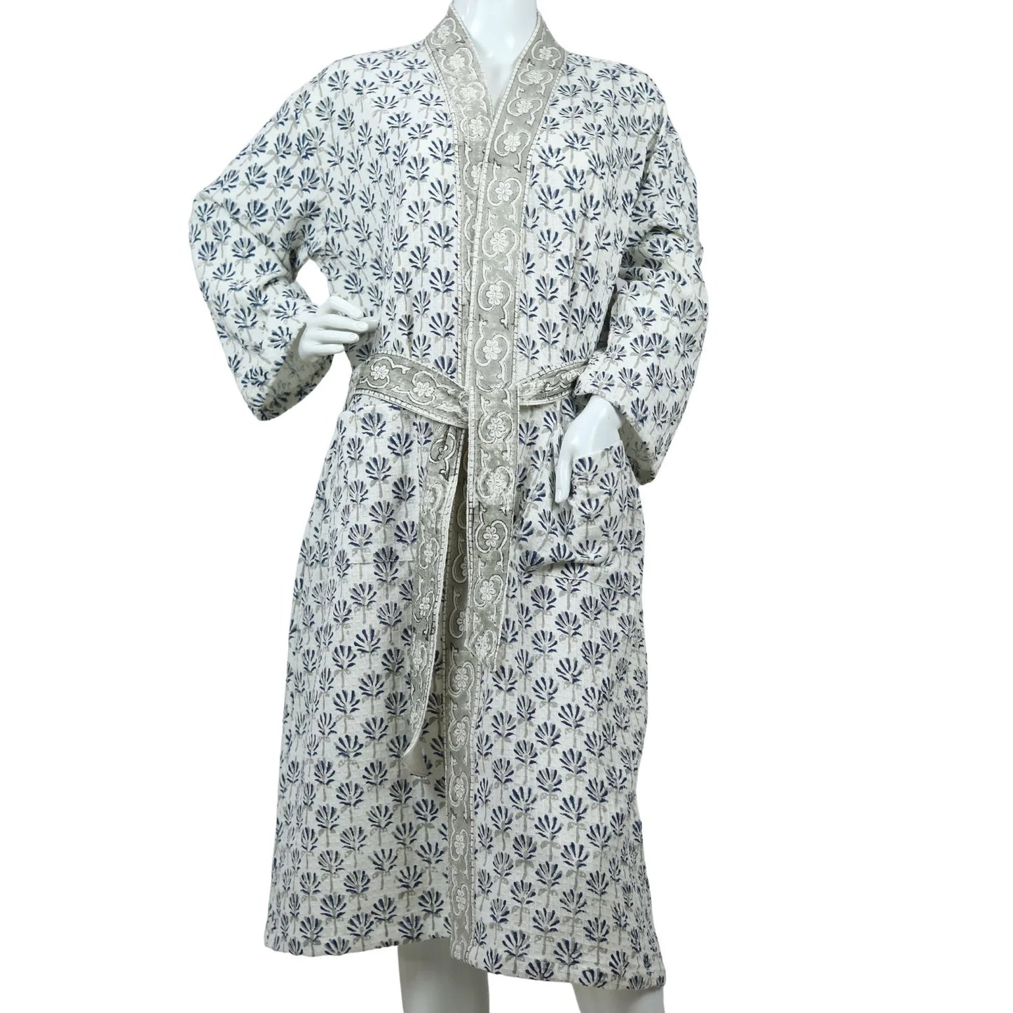 Small Buta Hand Block Printed Cotton Waffle Bathrobe