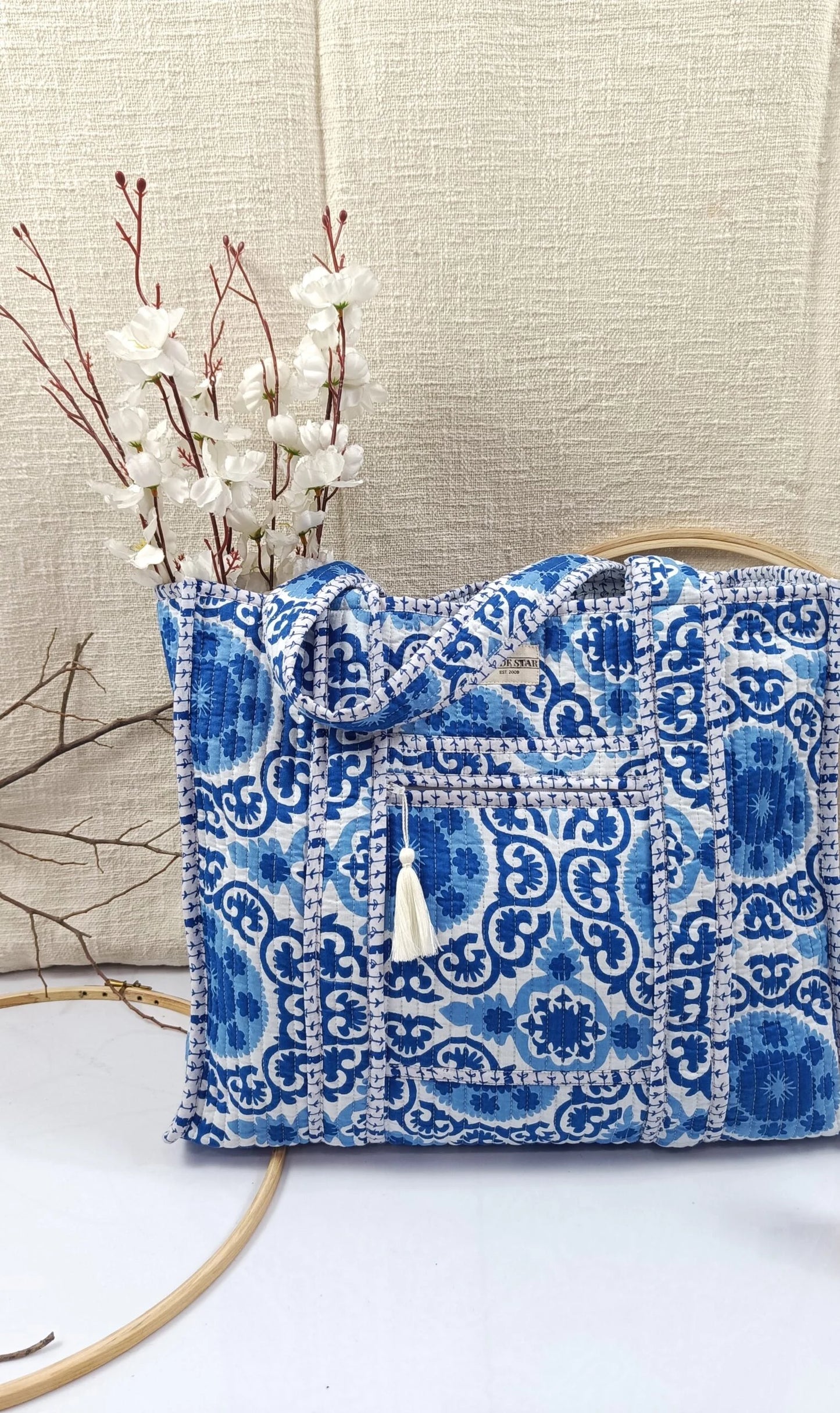 Moroccan Floral Design Cotton Tote Bag, worn/styled view