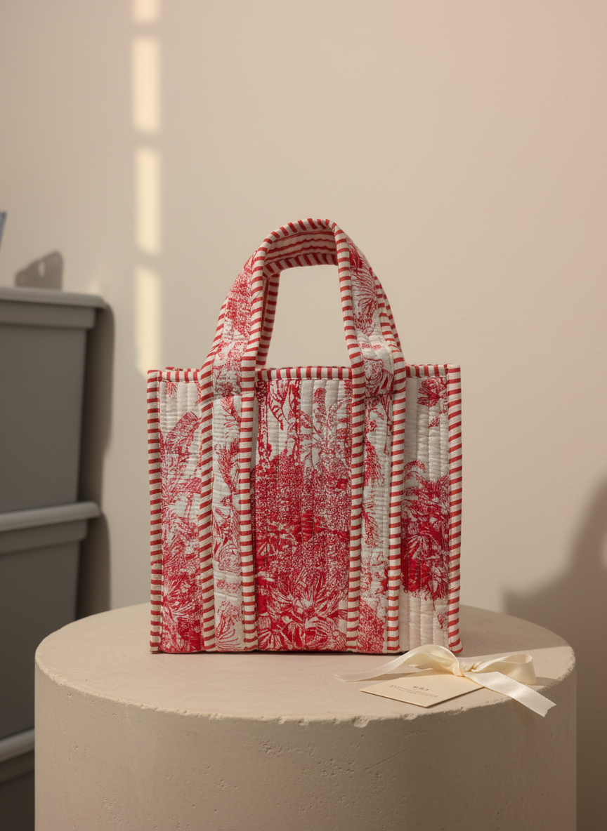 Pink & White Quilted Cotton Tree Print Lunch Box, flat lay