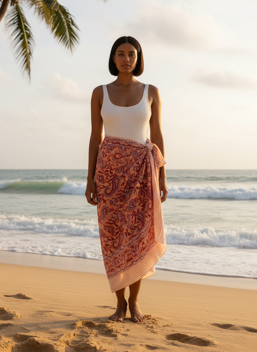 Orange-Red Floral Cotton Beach Sarong