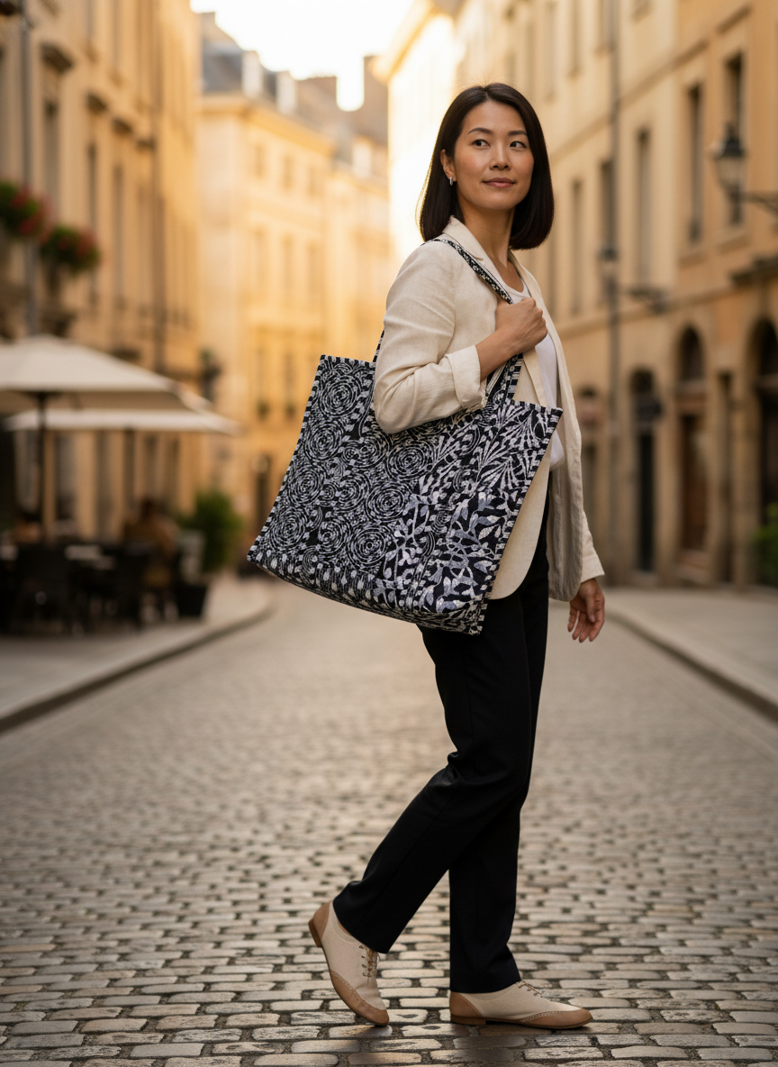 Black Geometric Cotton Tote Bag