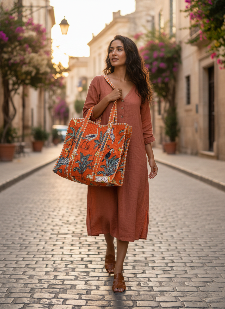 Orange Jungle Quilted Cotton Tote Bag