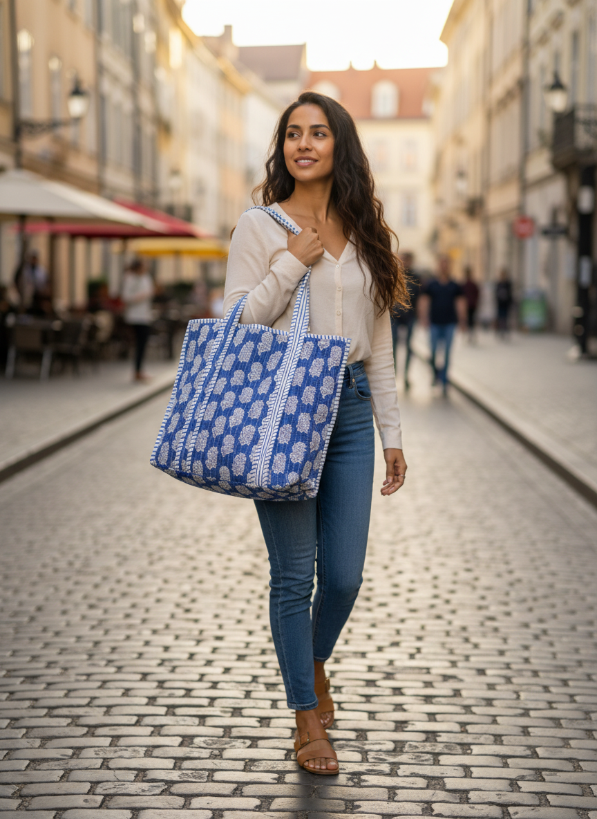 Light Blue Floral Quilted Tote Bag