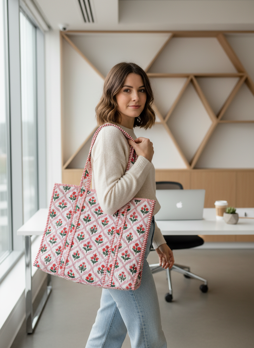 Red Bootiyan Quilted Cotton Tote Bag