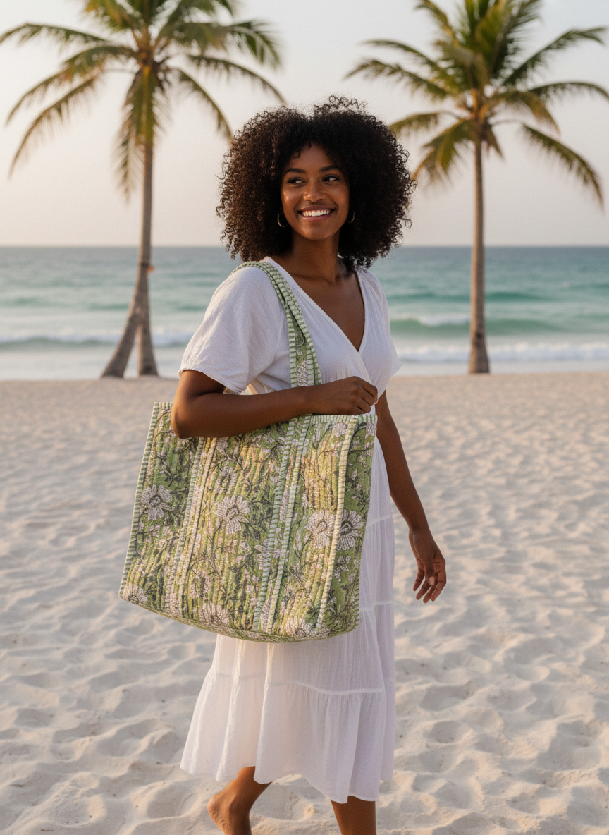 Green Bahar Floral Quilted Cotton Tote