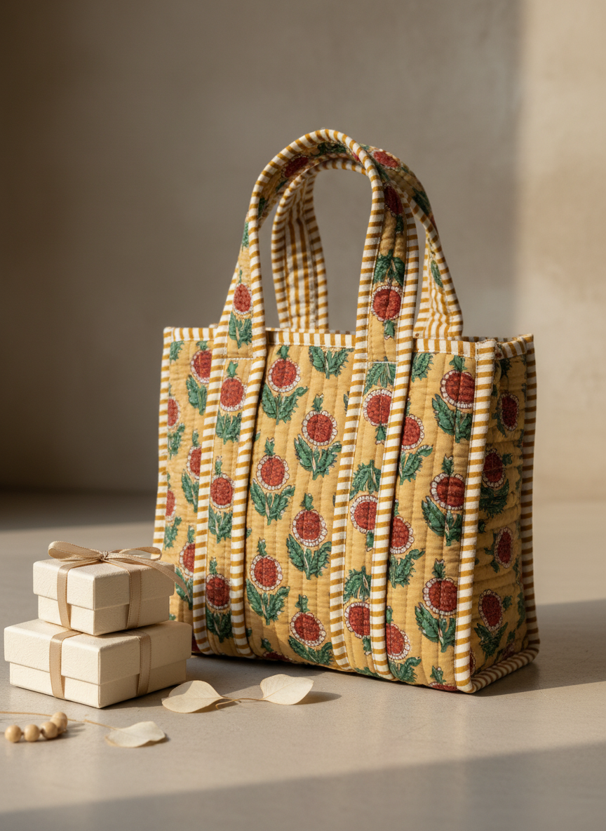 Yellow Floral Quilted Cotton Lunch Bag