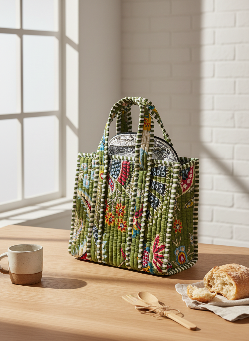 Green Floral Quilted Cotton Lunch Box