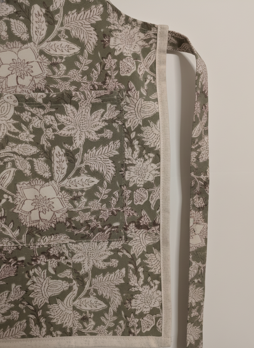 Green Floral Cotton Block Print Apron