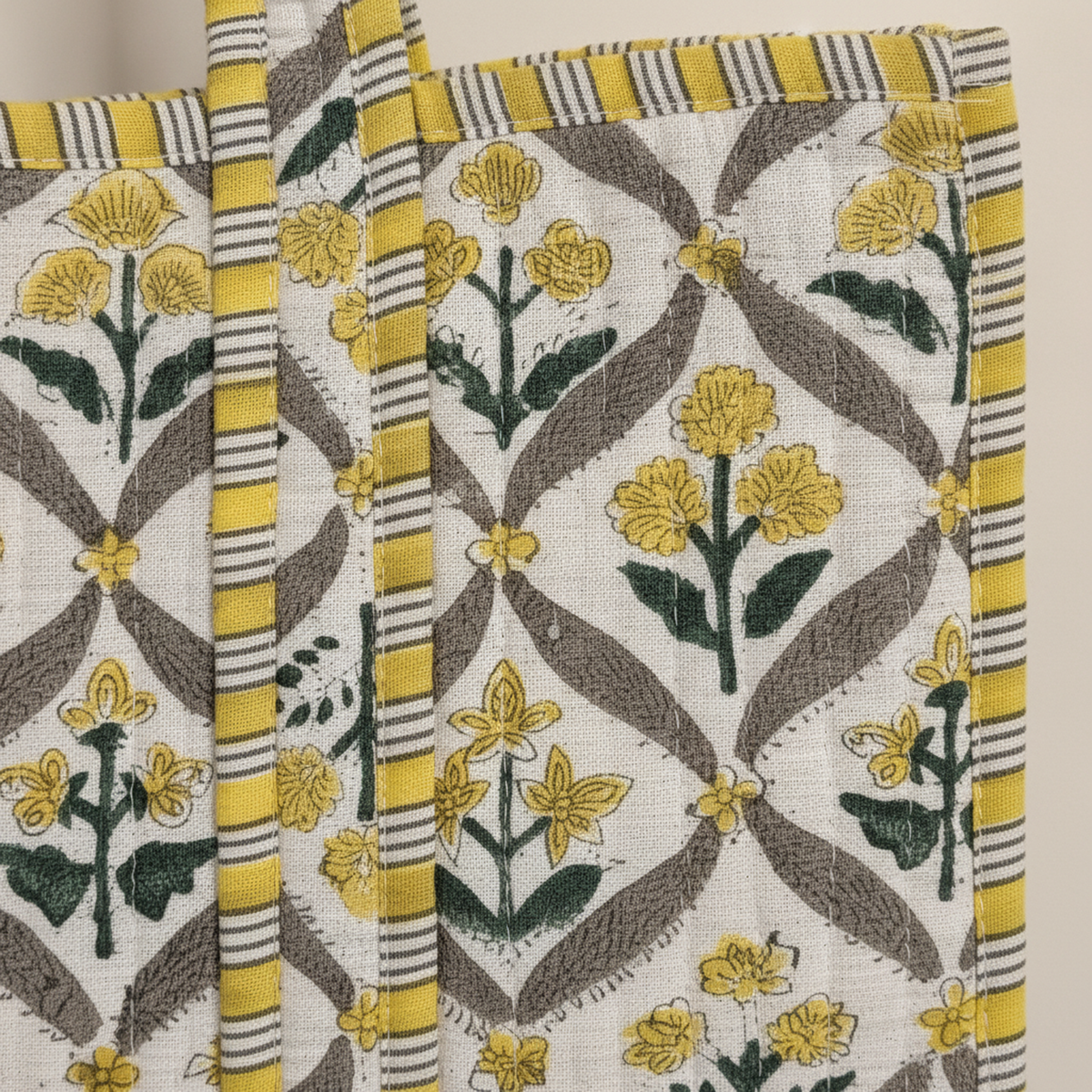Ivory Floral Trellis Quilted Cotton Tote — detail / texture view