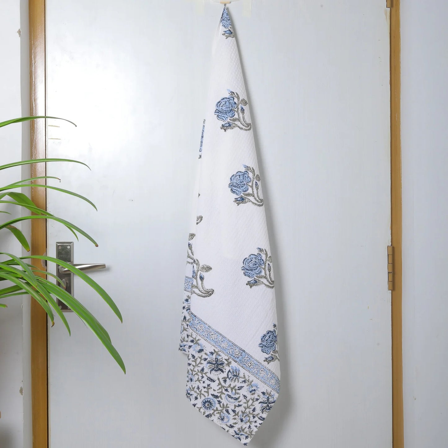 Blue Rose Block Print Cotton Waffle Bath Towel