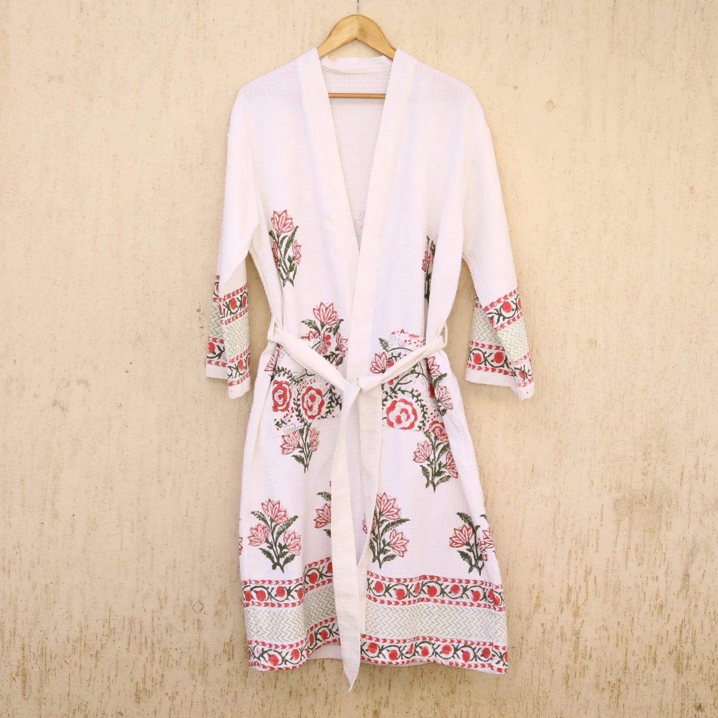 Pink Floral Buta Hand Block Printed Cotton Waffle Bathrobe