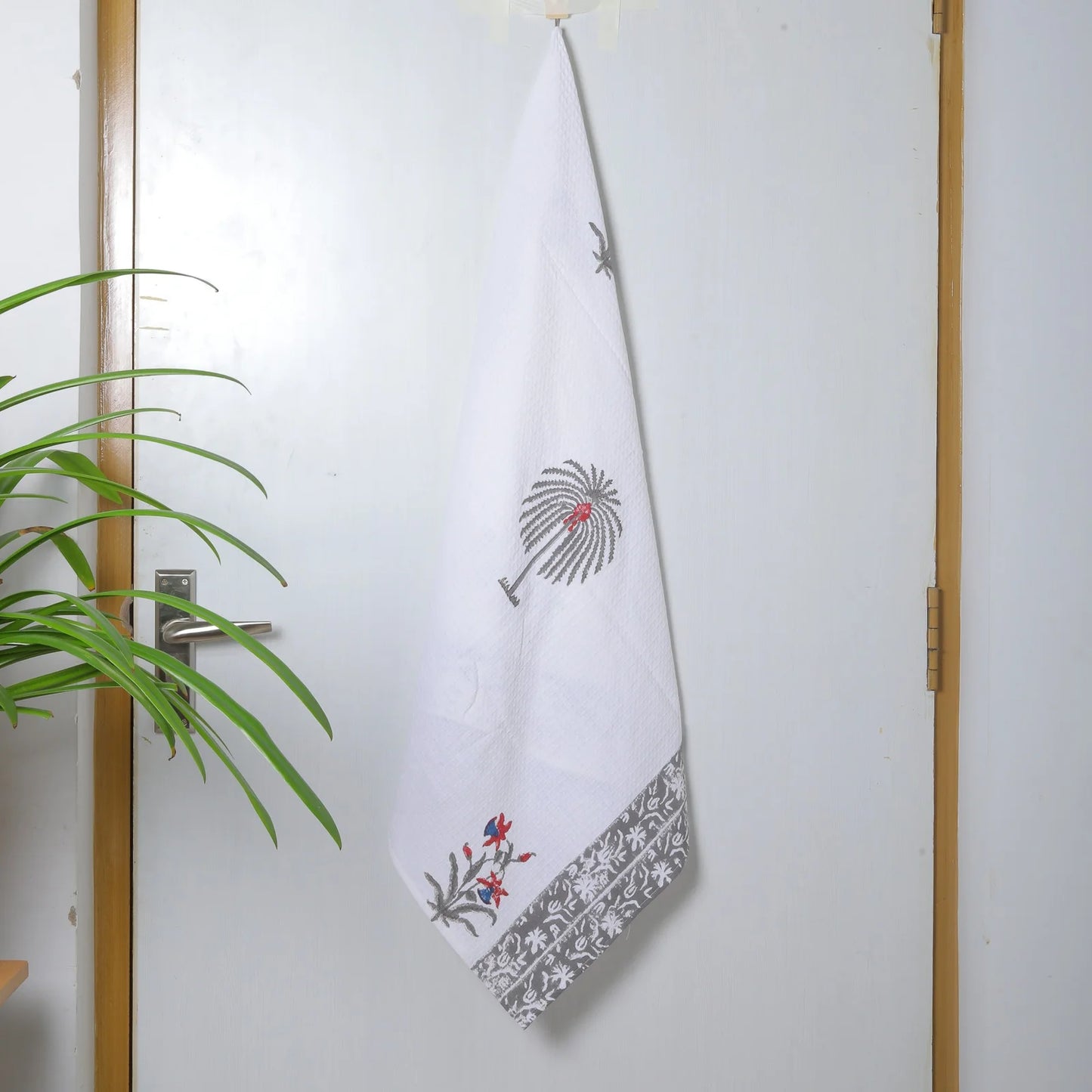 Floral Palm Block Print Cotton Waffle Bath Towel