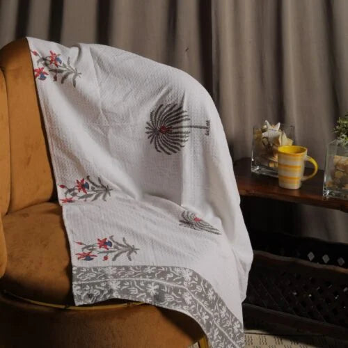 Floral Palm Block Print Cotton Waffle Bath Towel