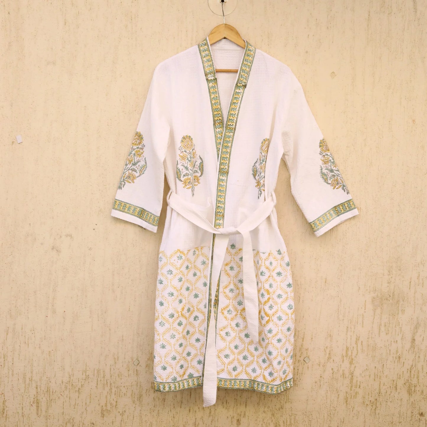 Luxury Olive Green Hand Block Printed Cotton Waffle Bathrobe