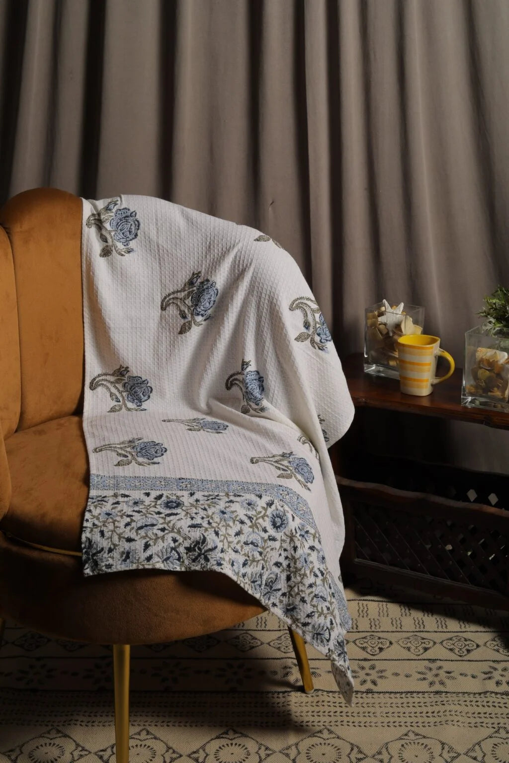Blue Rose Block Print Cotton Waffle Bath Towel