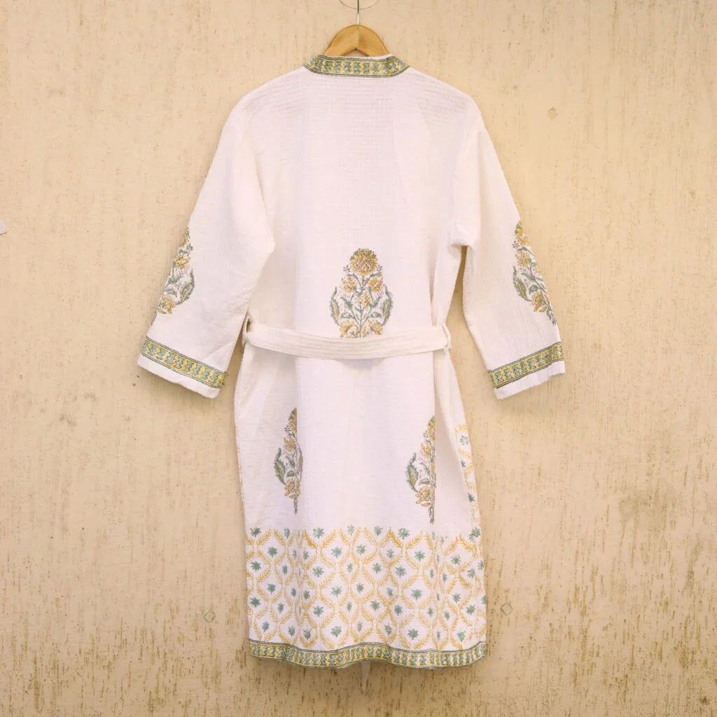 Luxury Olive Green Hand Block Printed Cotton Waffle Bathrobe