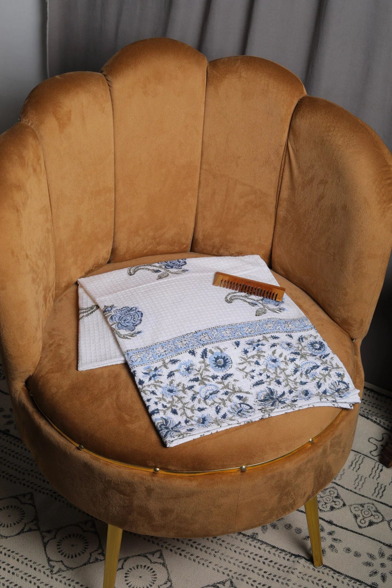 Blue Rose Block Print Cotton Waffle Bath Towel