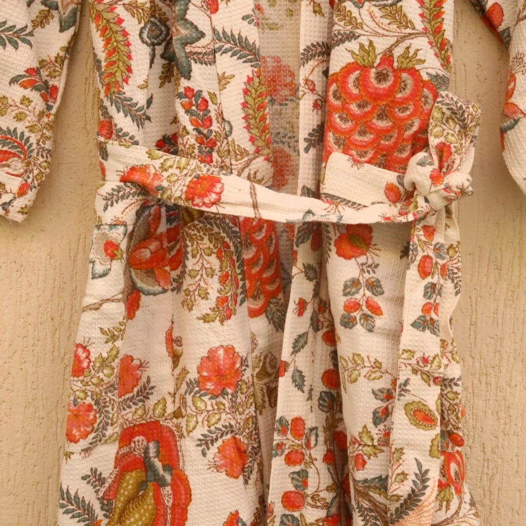 White Floral Screen Printed Cotton Waffle Bathrobe