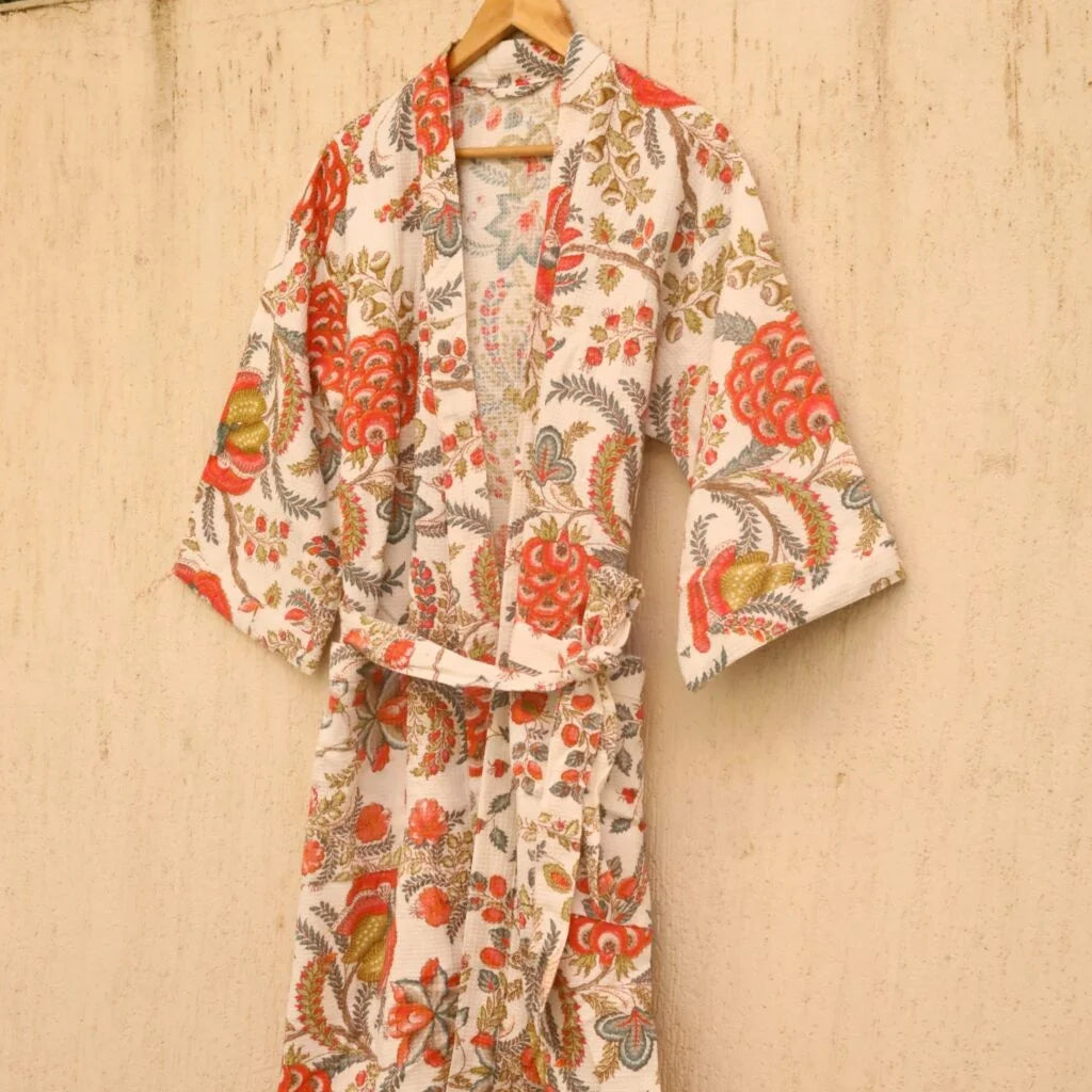 White Floral Screen Printed Cotton Waffle Bathrobe
