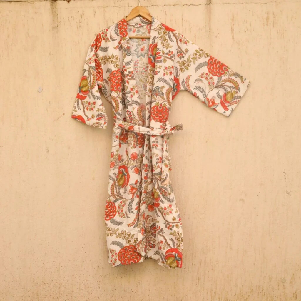 White Floral Screen Printed Cotton Waffle Bathrobe