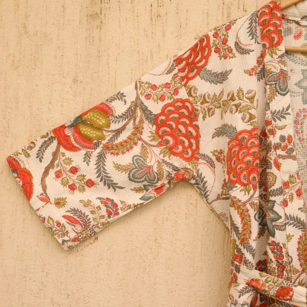 White Floral Screen Printed Cotton Waffle Bathrobe