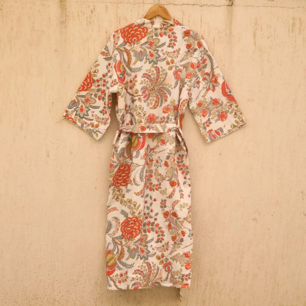 White Floral Screen Printed Cotton Waffle Bathrobe
