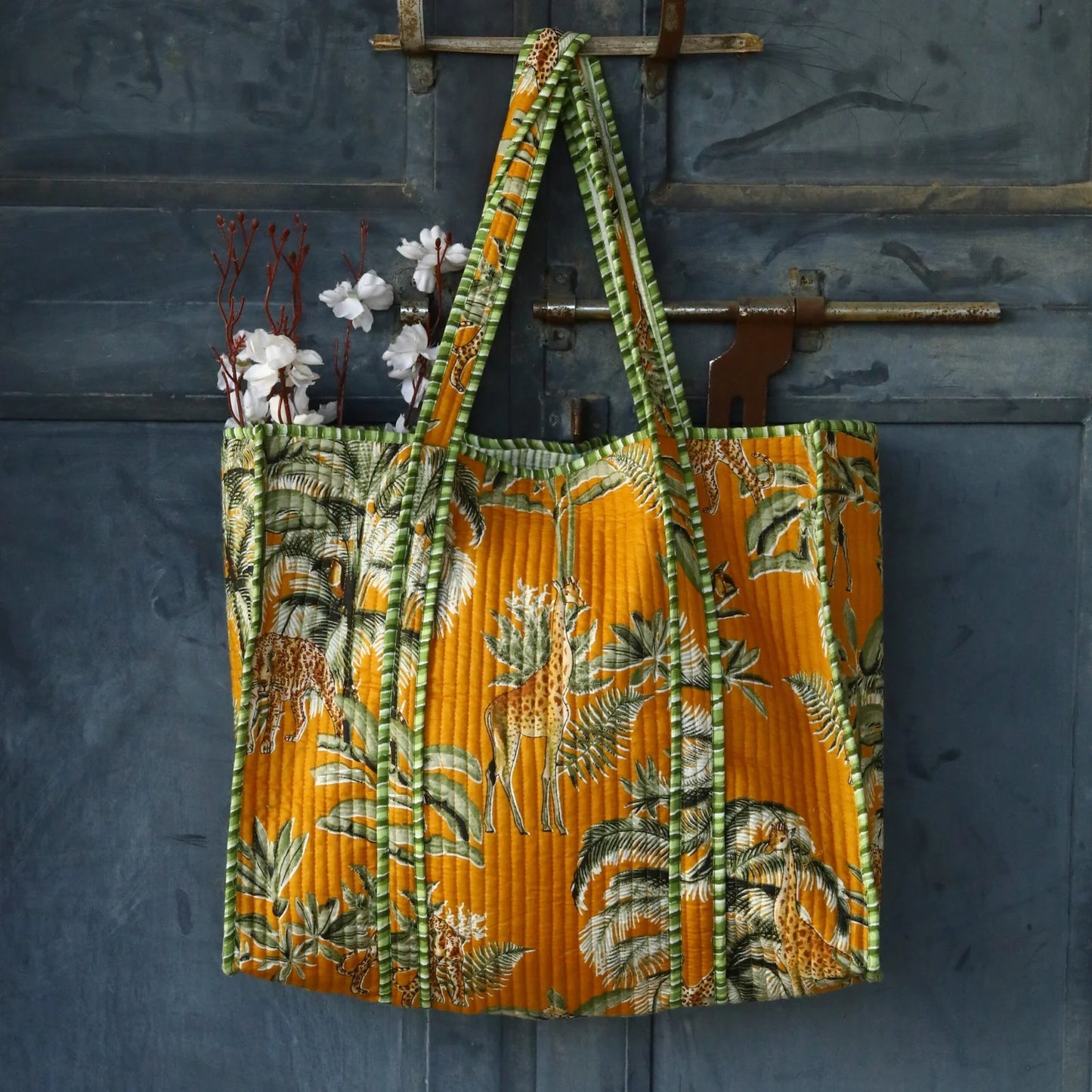 Tiger Safari Cotton Tote Bag, detail of hand block print pattern
