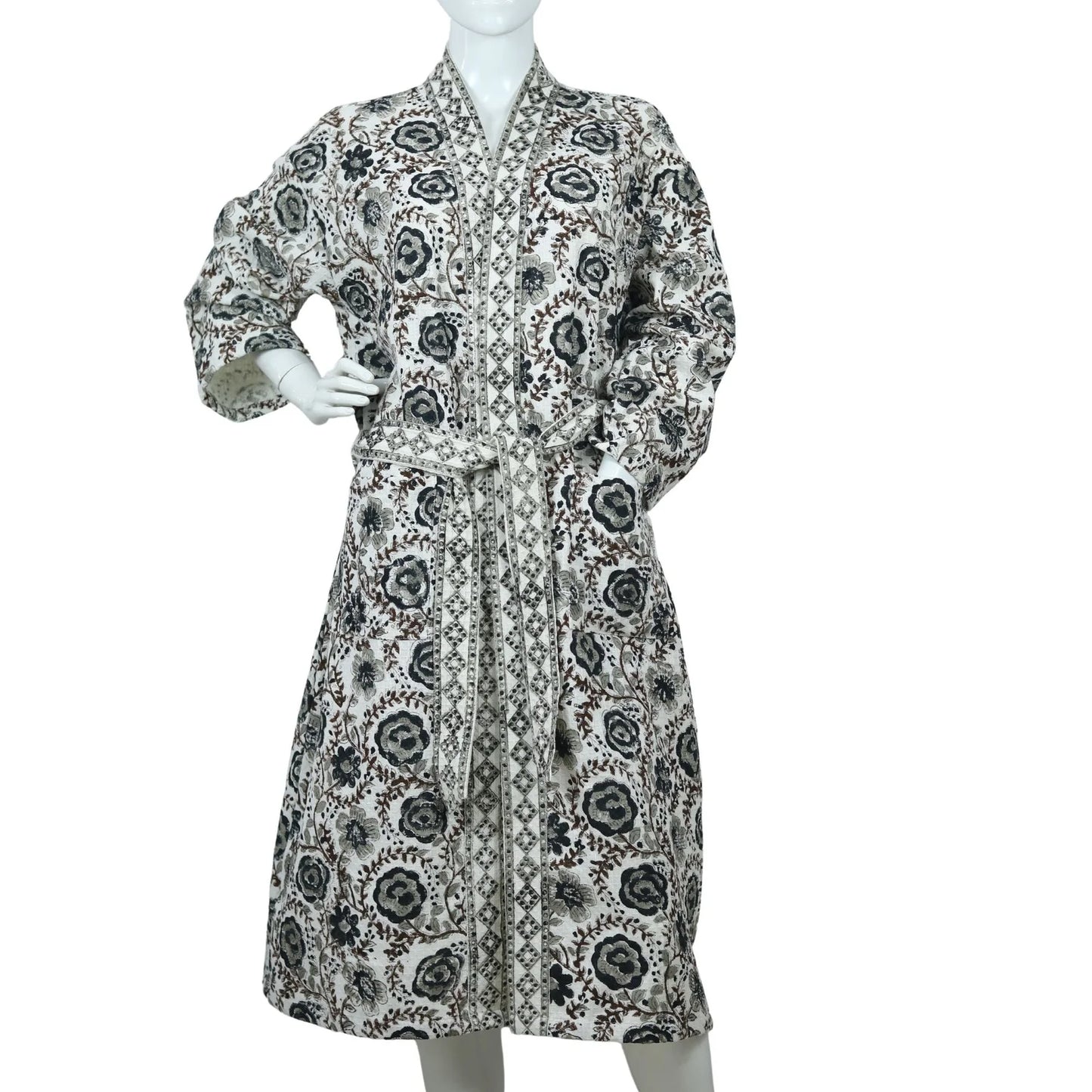 Vintage Hand Block Printed Cotton Waffle Bathrobe