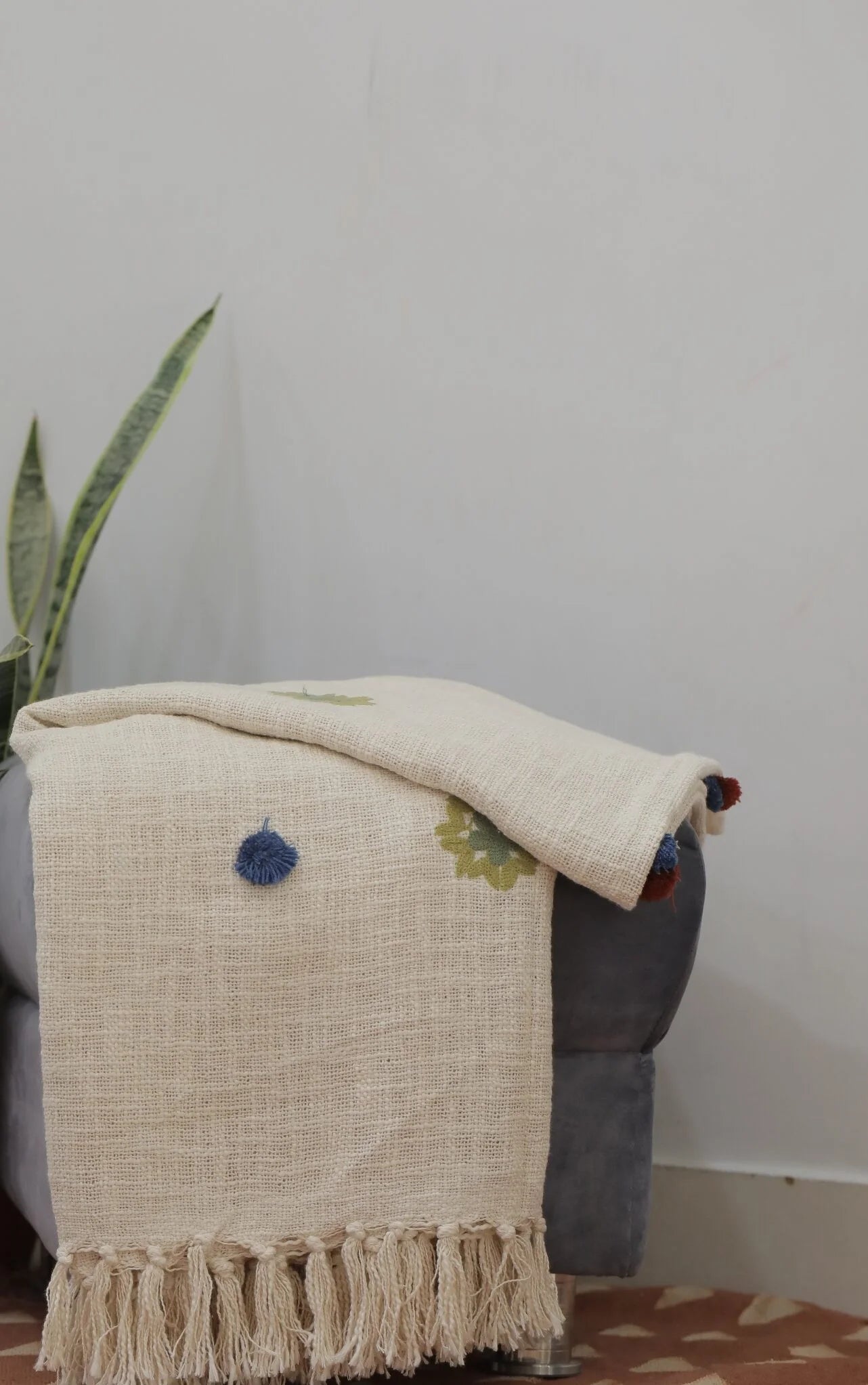 Floral Fantasy Hand Embroidered Cotton Throw, flat lay