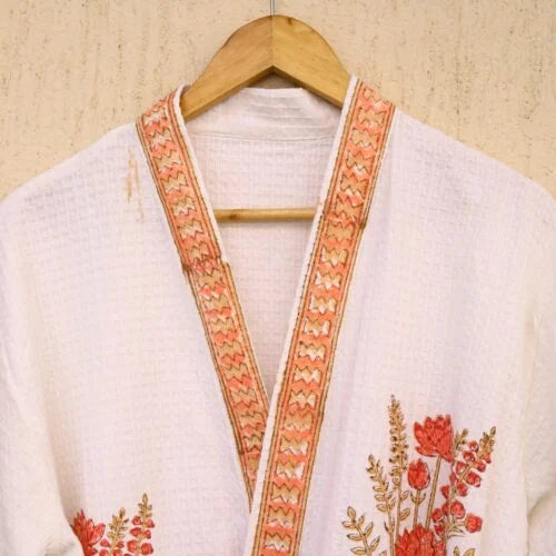 Ivory peach Hand Block Printed Cotton Waffle Bathrobe, packaging