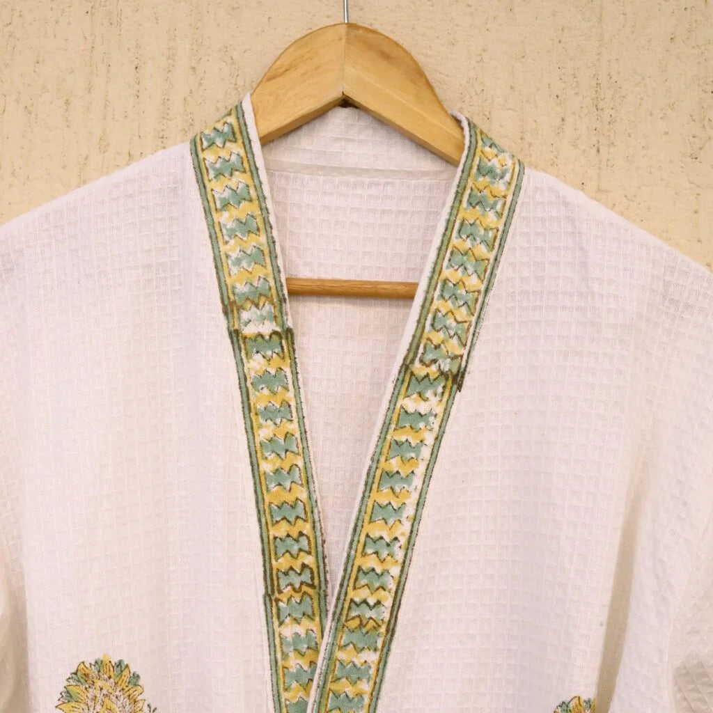 Luxury Olive Green Hand Block Printed Cotton Waffle Bathrobe