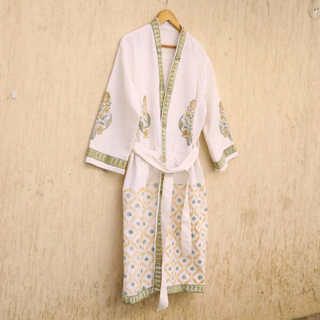 Luxury Olive Green Hand Block Printed Cotton Waffle Bathrobe