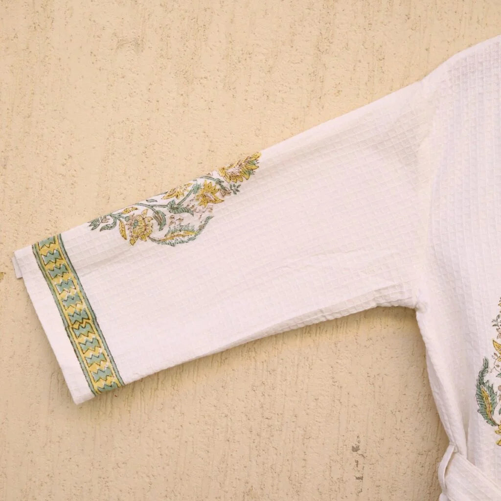 Luxury Olive Green Hand Block Printed Cotton Waffle Bathrobe