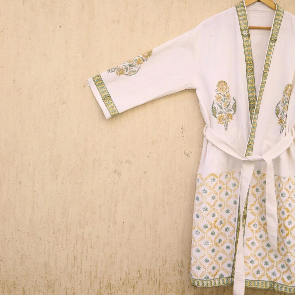 Luxury Olive Green Hand Block Printed Cotton Waffle Bathrobe