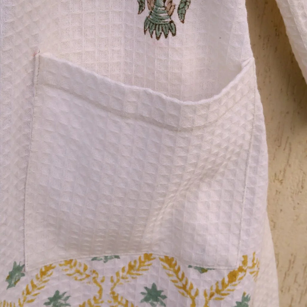 Luxury Olive Green Hand Block Printed Cotton Waffle Bathrobe