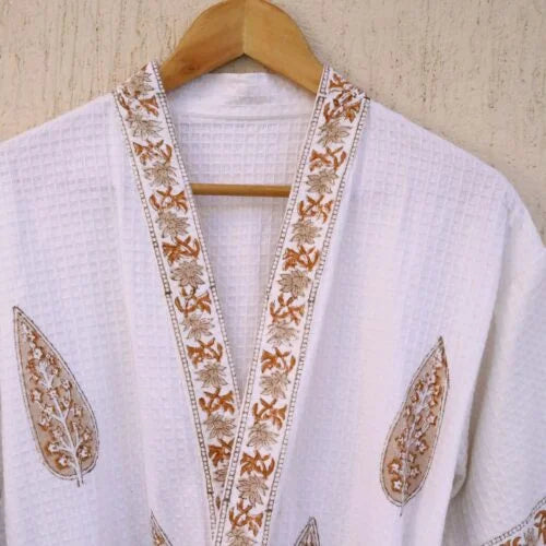 Soft Brown Hand Block Printed Cotton Waffle Bathrobe, packaging