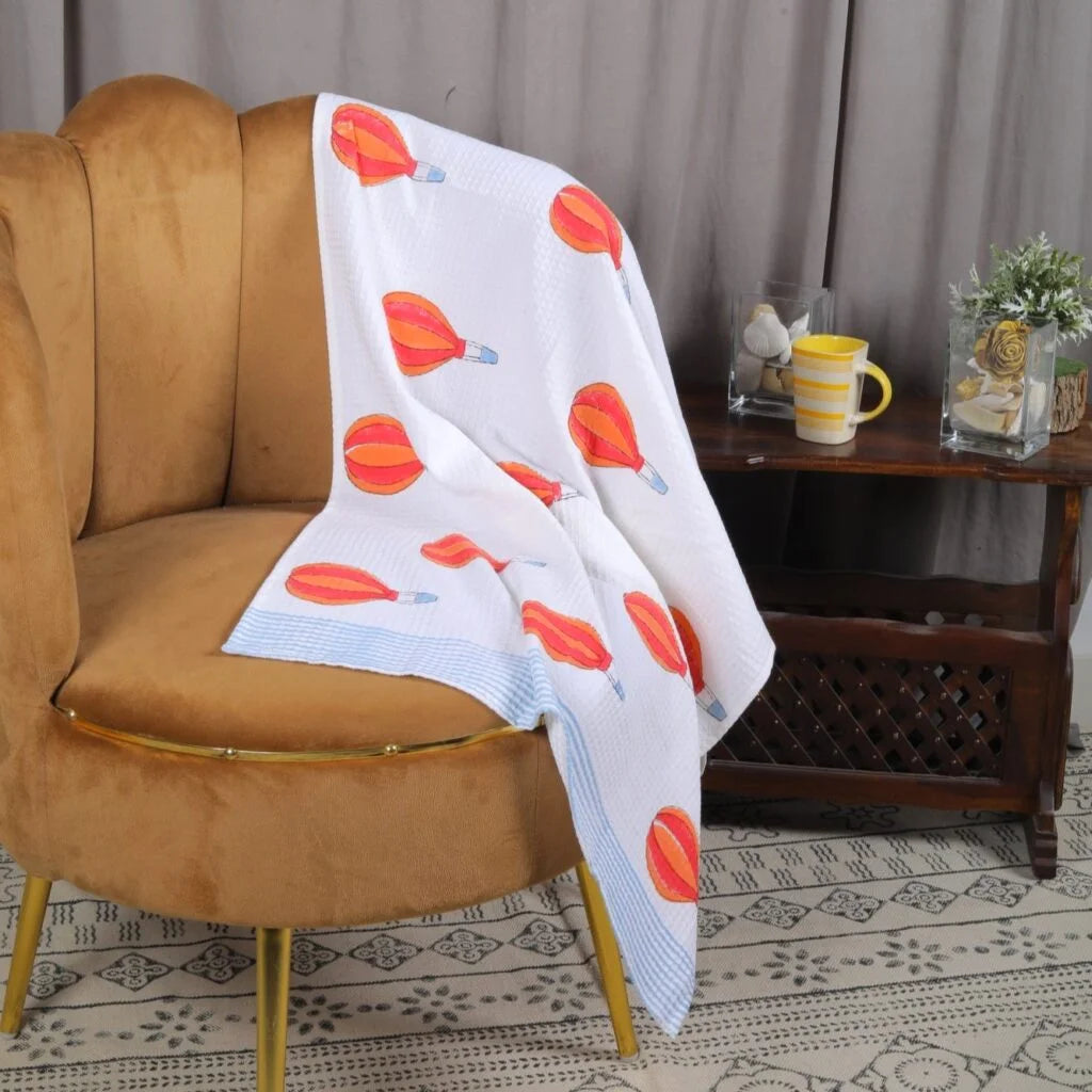 Hot Air Balloon Block Print Cotton Waffle Bath Towel