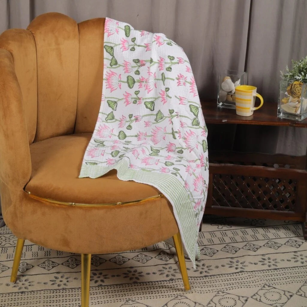 Lotus Block Printed Cotton Waffle Towel