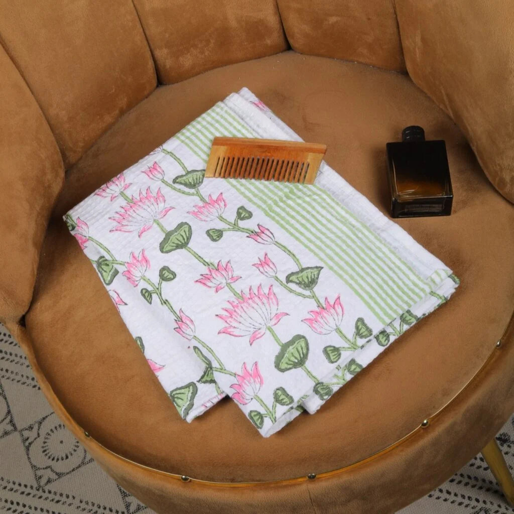 Lotus Block Printed Cotton Waffle Towel