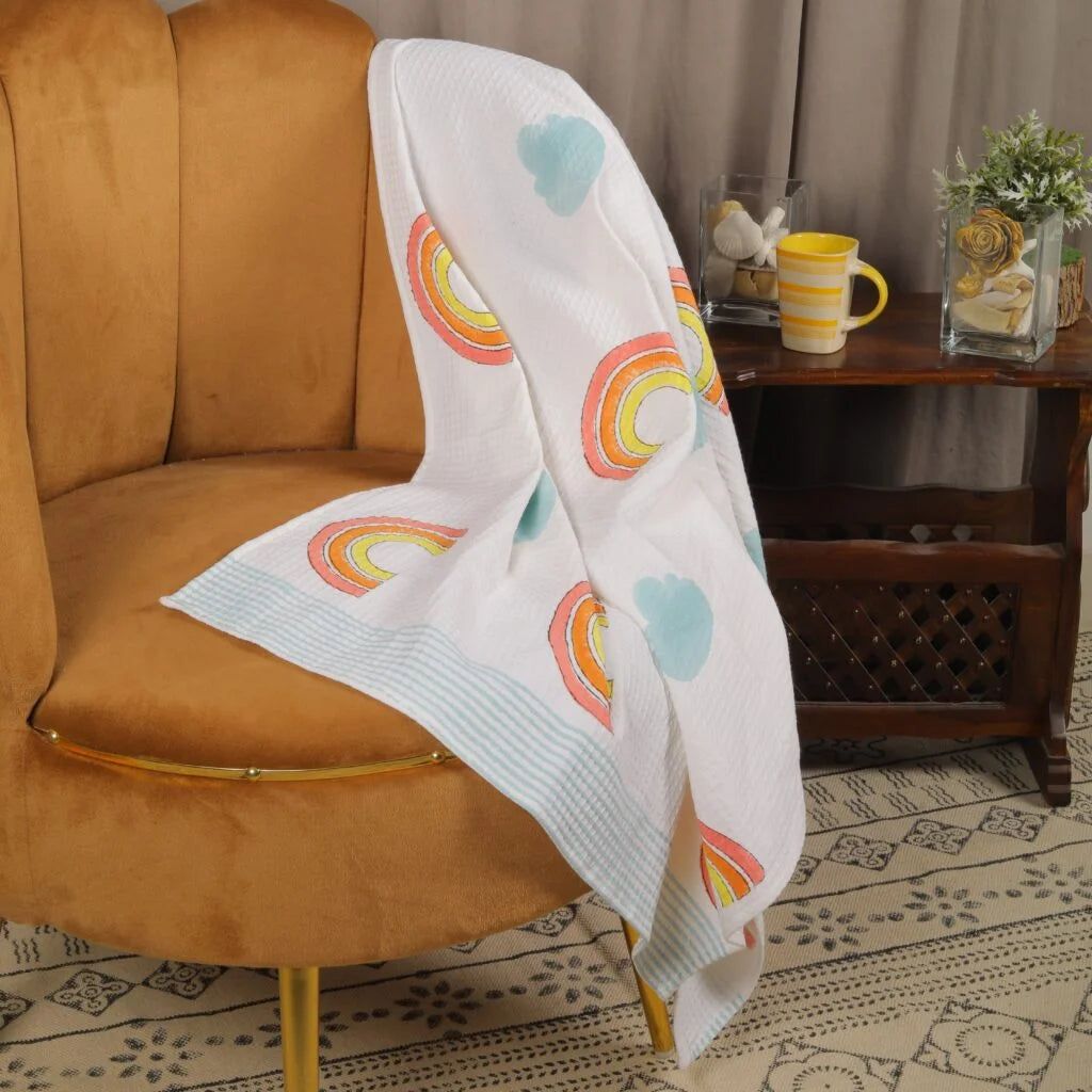 Rainbow Block Print Cotton Waffle Bath Towel