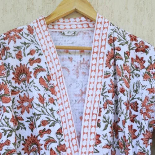Floral Jaal White & Rust Cotton Waffle Bathrobe