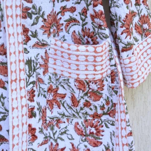 Floral Jaal White & Rust Cotton Waffle Bathrobe