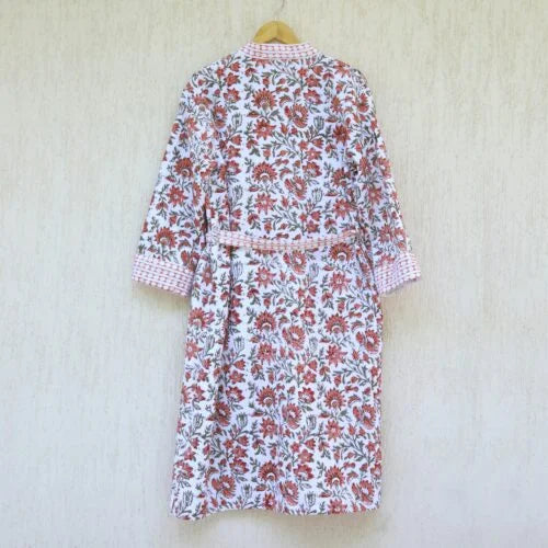 Floral Jaal White & Rust Cotton Waffle Bathrobe