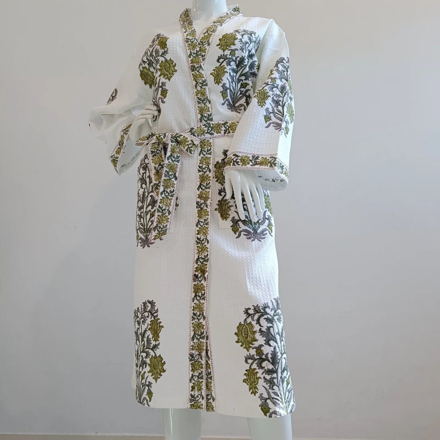 Luxury Hand Block Printed Cotton Waffle Bathrobe, flat lay