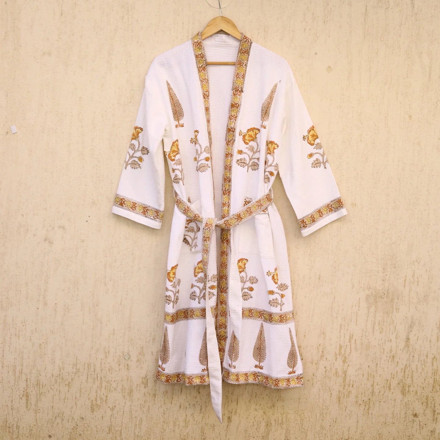 Mustard Hibiscus White Floral Cotton Waffle Bathrobe, front view