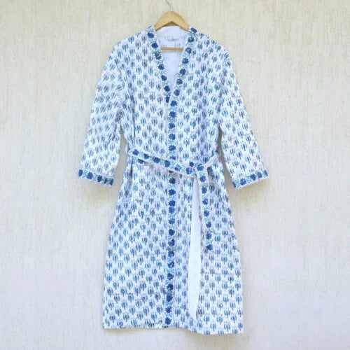 Floral White & Blue Buti Cotton Waffle Bathrobe | Handmade Bath Robes Draped In Heritage Floral White & Blue Buti Cotton Waffle Bathrobe | Handmade Bath Robes Draped In Heritage