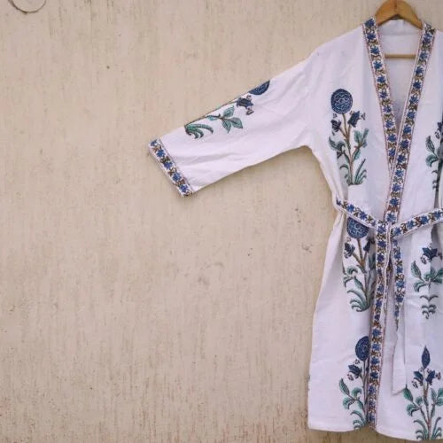 Ivory-Blue Floral Buta Cotton Waffle Bathrobe