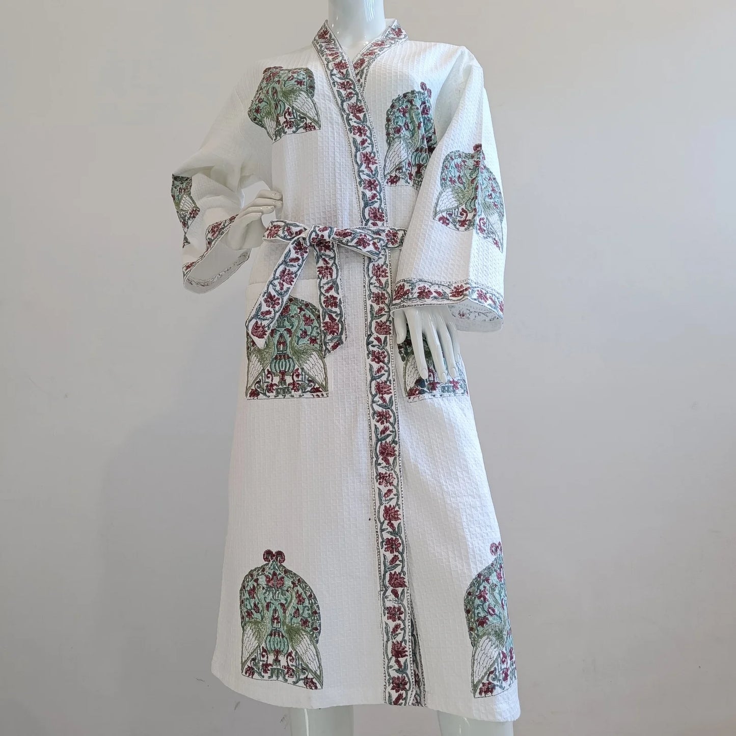 Multi Color Buti Cotton Waffle Bathrobe