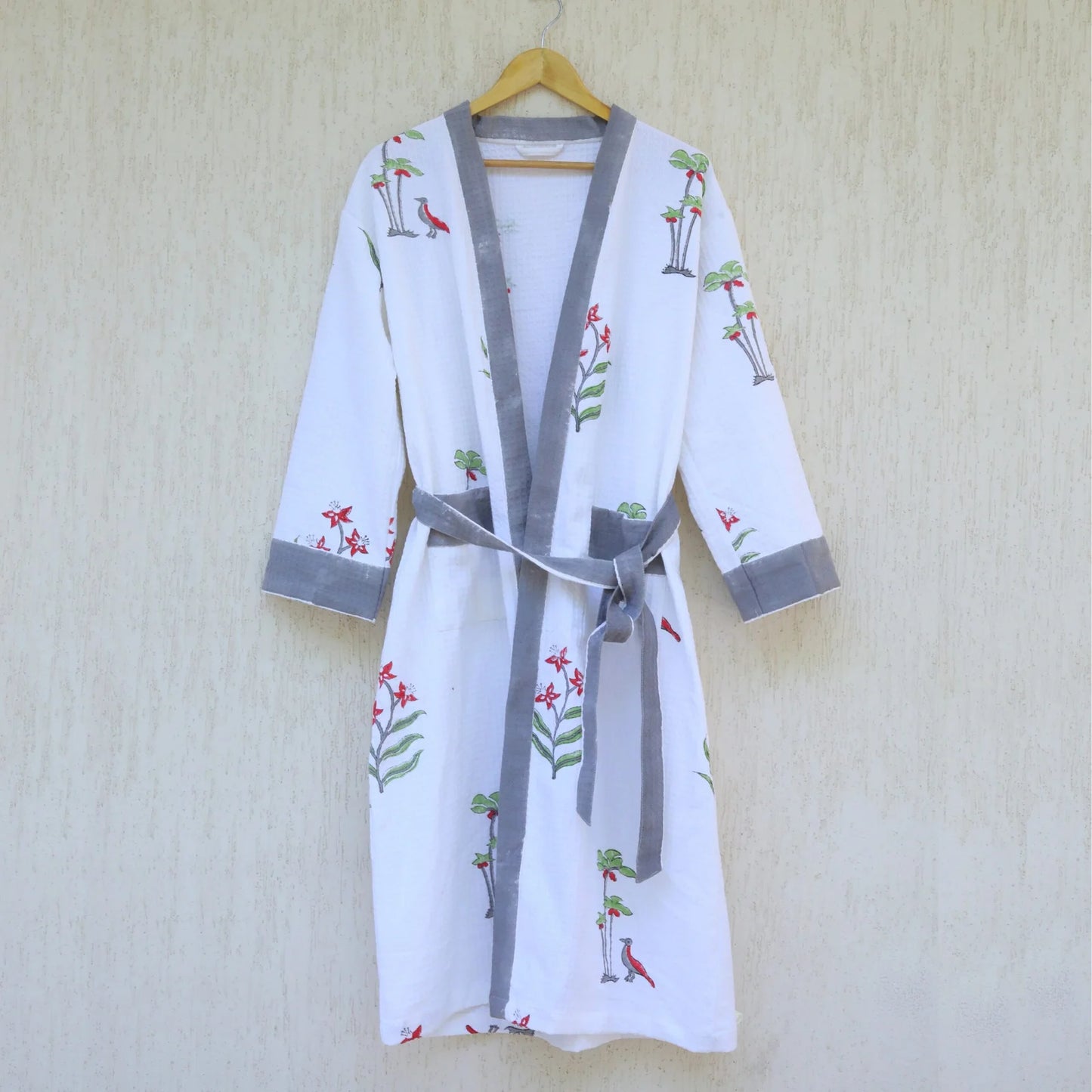 Grey White Bird Cotton Waffle Bathrobe