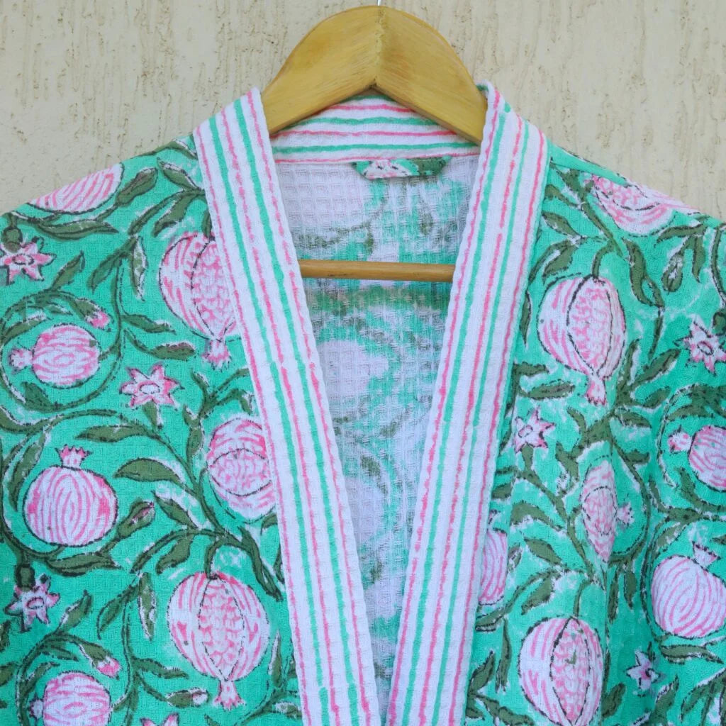 Anaar Jaal Hand Block Printed Cotton Waffle Bathrobe